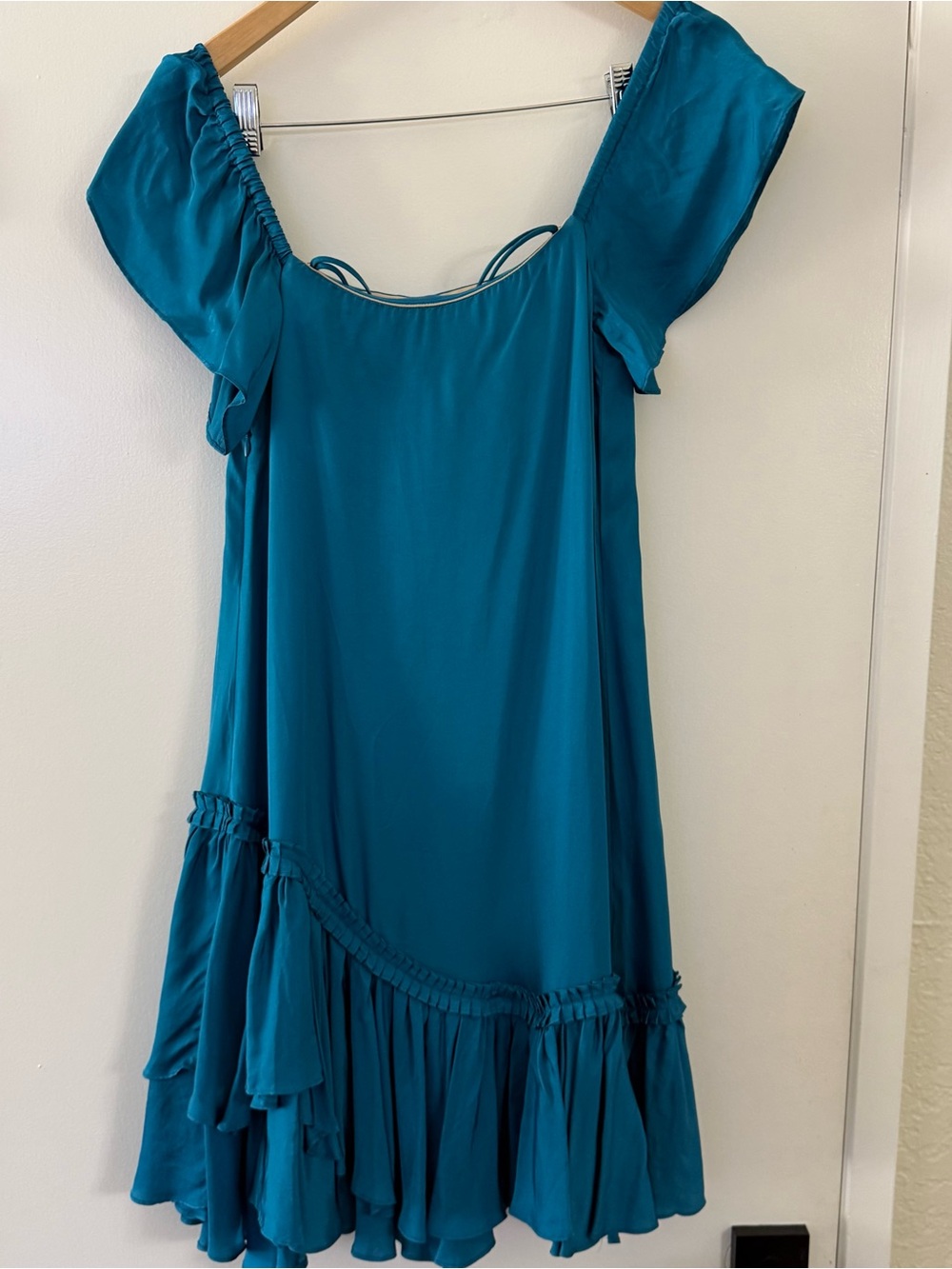 cinq a sept Teal Ruffle-Hem Square Neck Mini Dress